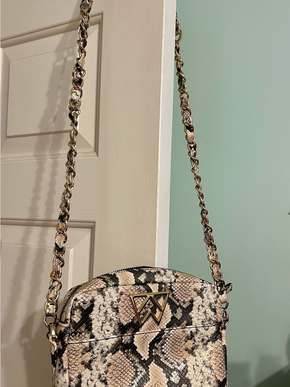 Snake-Print Crossbody Bag with Chain Strap in Beige & Black